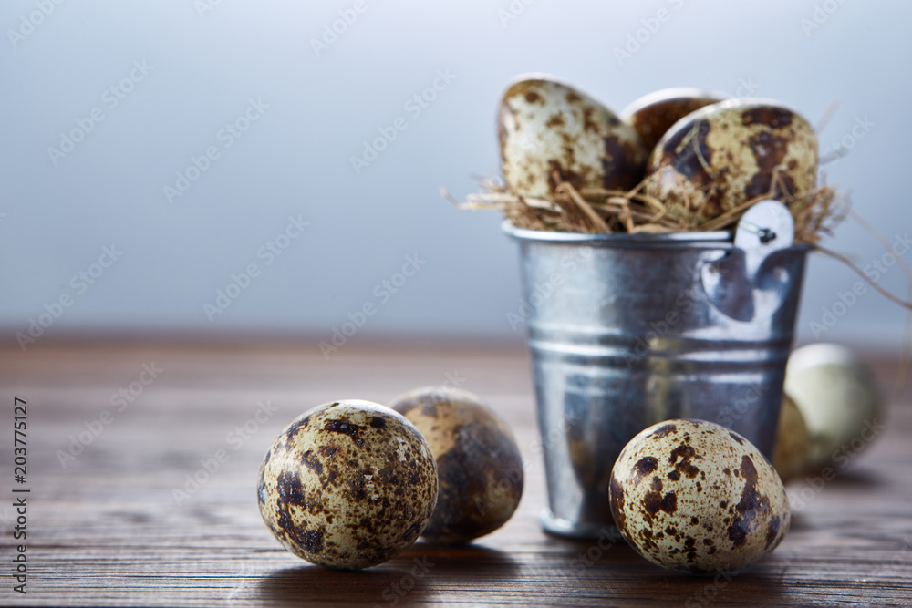 Small decorative bucket filled with quail eggs dark wooden table, close-up, selective focus. Small decorative bucket filled with quail eggs dark wooden table, close-up, selective focus.