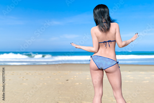 3D beautiful woman swimsuit bikini on sea beach. Summer rest. Blue ocean background. Sunny day. Conceptual fashion art. Seductive candid pose. Realistic render illustration.