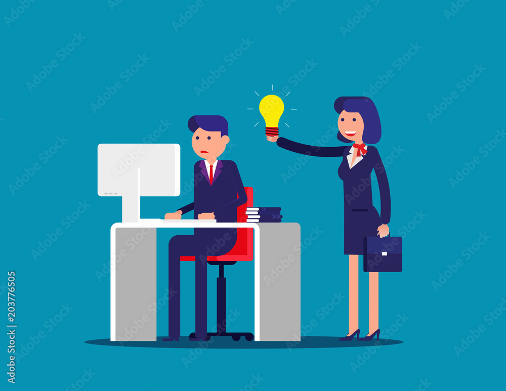 Help with the idea of a colleague . Concept business office vector illustration. Flat cartoon; business character; design style. Help with the idea of a colleague . Concept business office vector illustration. Flat cartoon; business character; design style.