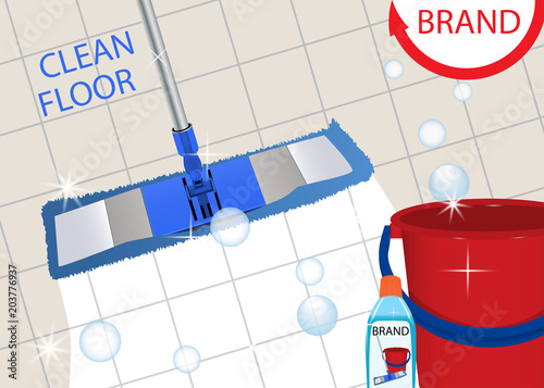 Mop cleaning clean tile floor shiny. Disinfectant cleaner for washing floors and bucket. Vector