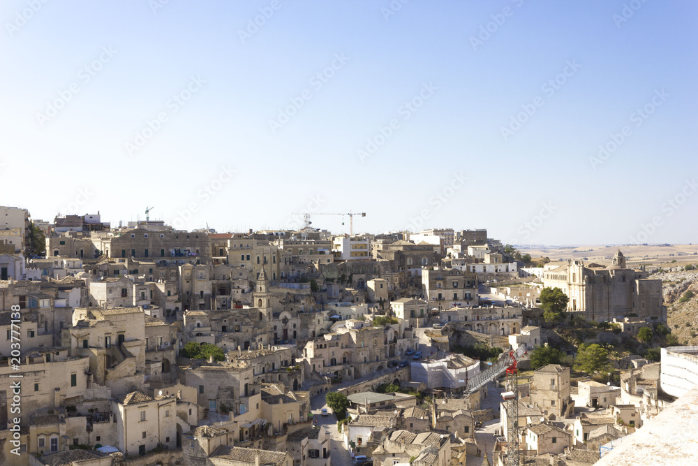 MATERA, ITALY - AUGUST 25 2017: Matera cityscape, historic sassi district medieval town