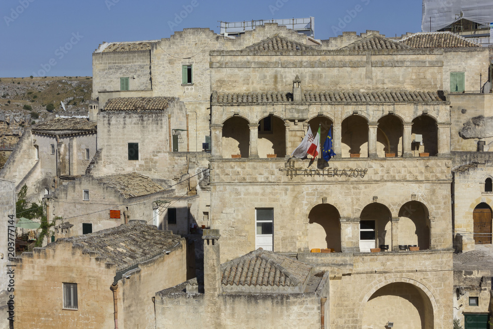 Historic building in Matera with the text of Matera 2019, capital of culture