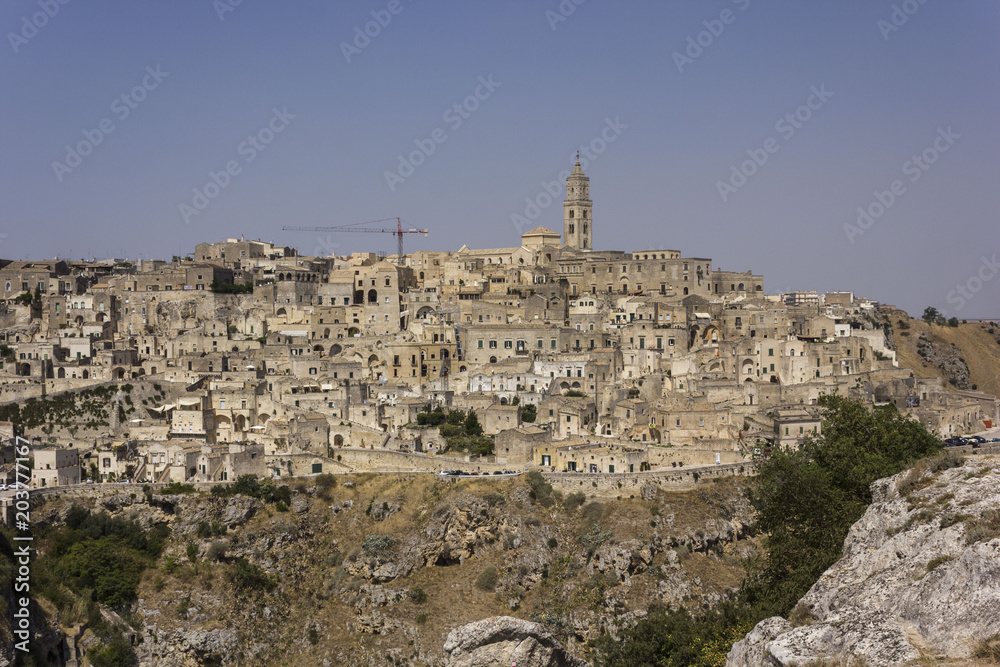 Overview of the historic city of Matera, european Capital of Culture in 2019, and its landscape