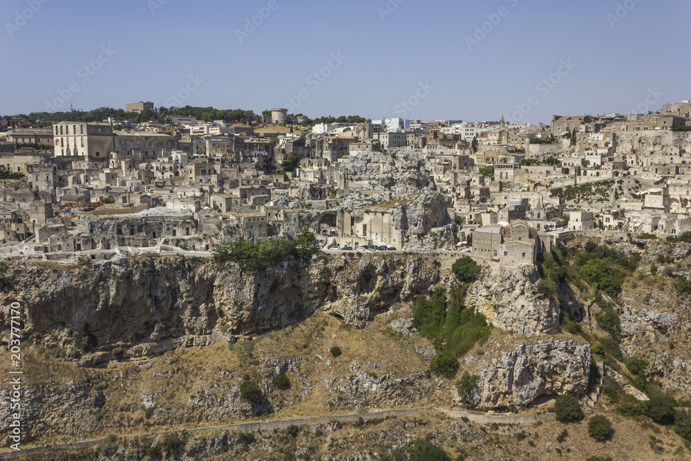overview of the scenic rocky landscape surrounding the ancient city of Matera, Italy
