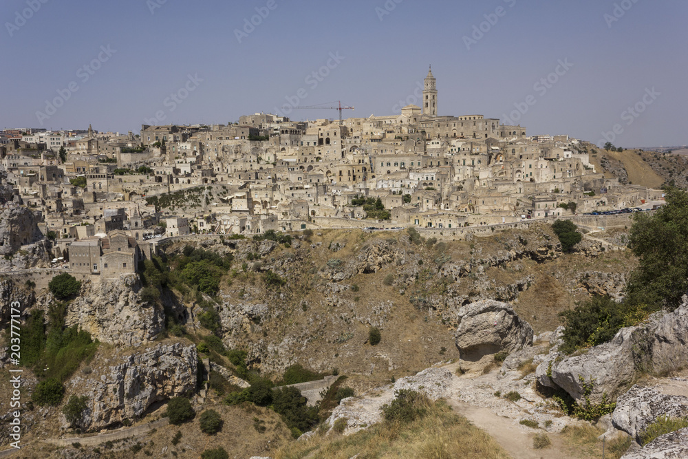 overview of the scenic rocky landscape surrounding the ancient city of Matera, Italy