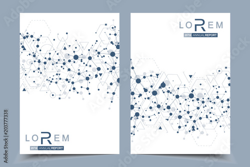 Scientific brochure design template. Vector flyer layout, Molecular structure with connected lines and dots. Scientific pattern atom DNA with elements for magazine, leaflet, cover, poster design.