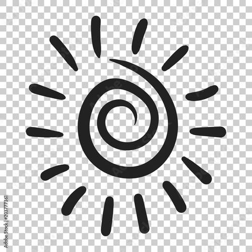 Hand drawn sun vector icon. Sun sketch doodle illustration. Handdrawn sunshine concept on isolated transparent background.