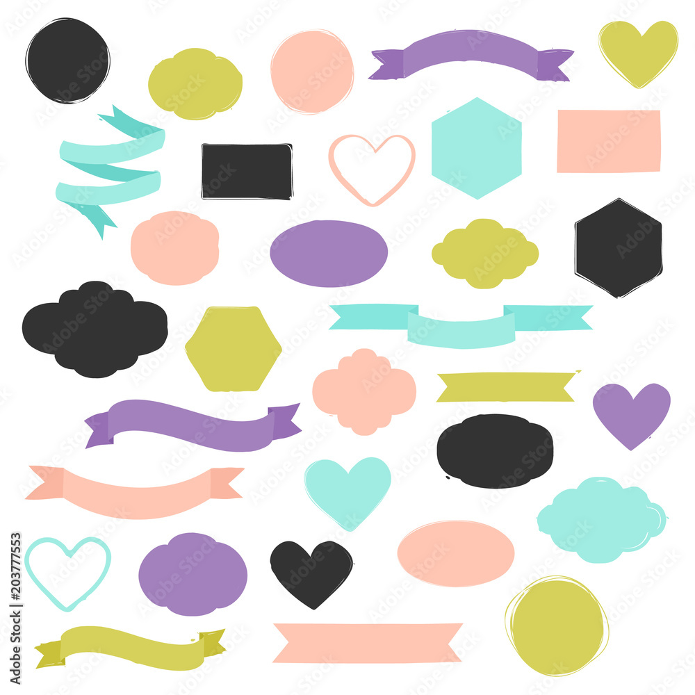 Set of hand drawn shapes in different colors. Hearts, banners, circles and ribbons etc. Hand drawn vector various design elements for labels, tags or stamps and badges. Set of hand drawn shapes in different colors. Hearts, banners, circles and ribbons etc. Hand drawn vector various design elements for labels, tags or stamps and badges.