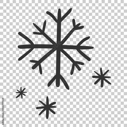 Hand drawn snowflake vector icon. Snow flake sketch doodle illustration. Handdrawn winter christmas concept on isolated transparent background.