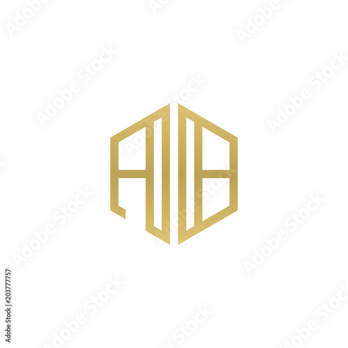 Initial letter AB, minimalist line art hexagon shape logo, gold color