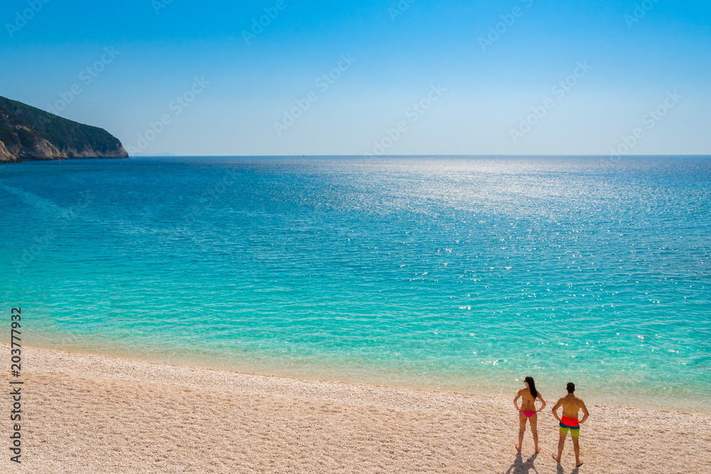 Porto Katsiki beach in Lefkada ionian island in Greece. View of the endless turquoise waters of the ocean.  