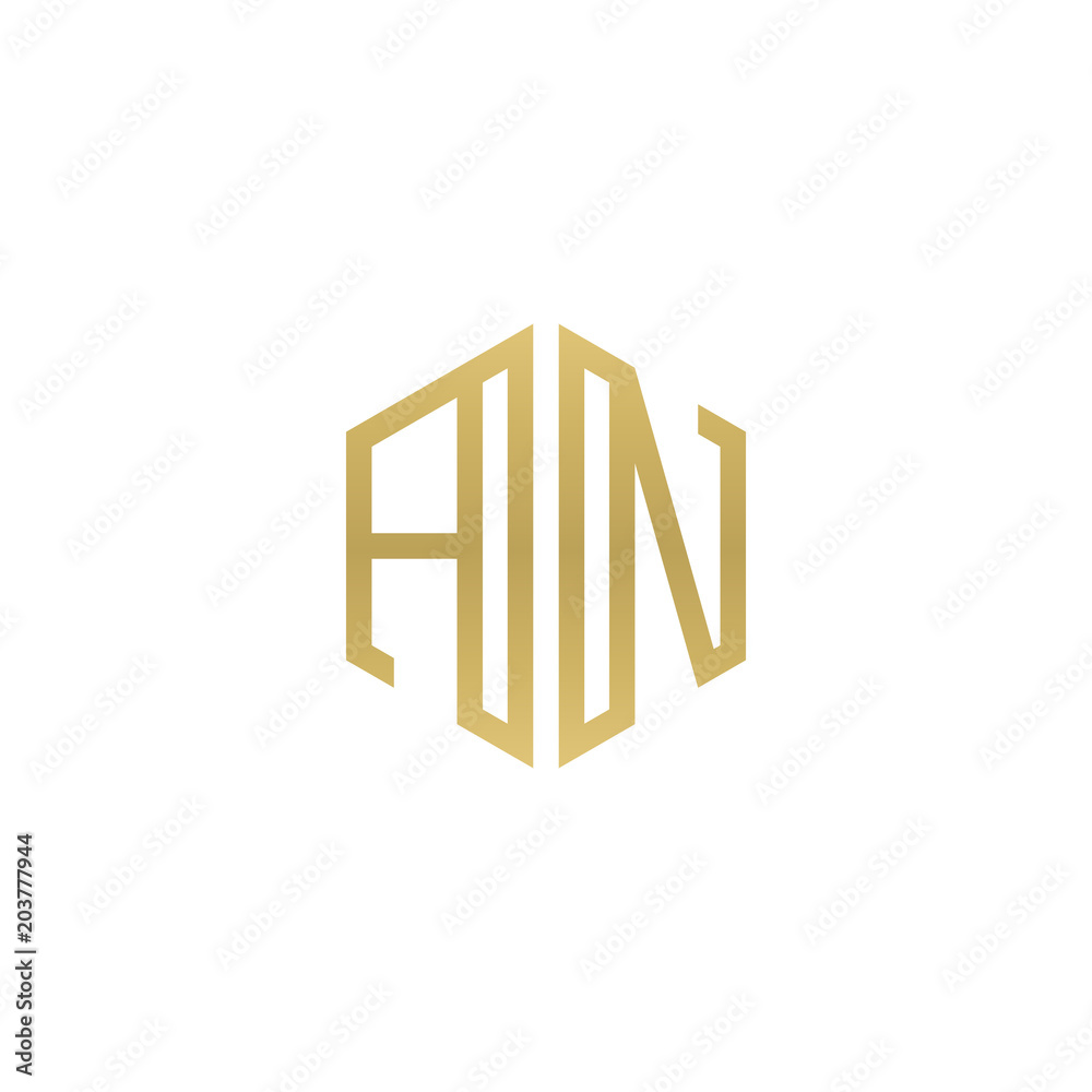 Initial letter AN, minimalist line art hexagon shape logo, gold color Initial letter AN, minimalist line art hexagon shape logo, gold color