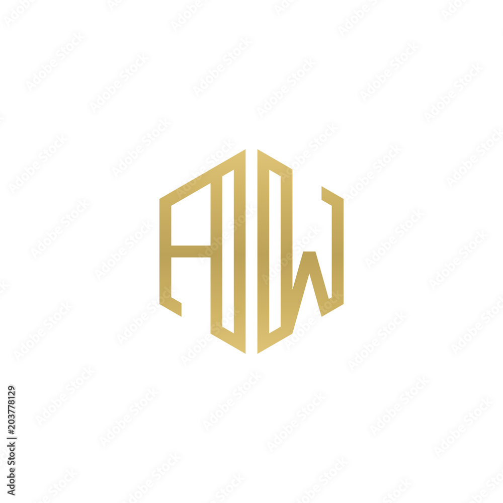 Initial letter AW, minimalist line art hexagon shape logo, gold color Initial letter AW, minimalist line art hexagon shape logo, gold color