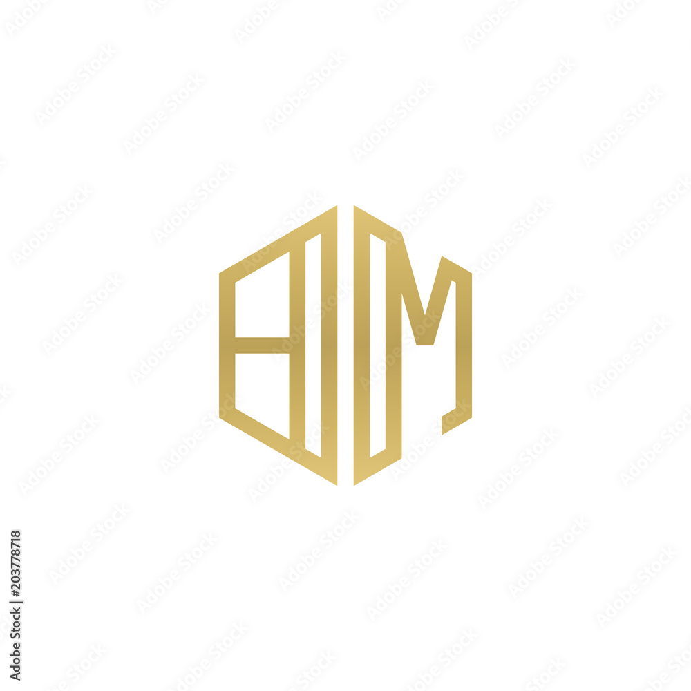 Initial letter BM, minimalist line art hexagon shape logo, gold color Initial letter BM, minimalist line art hexagon shape logo, gold color