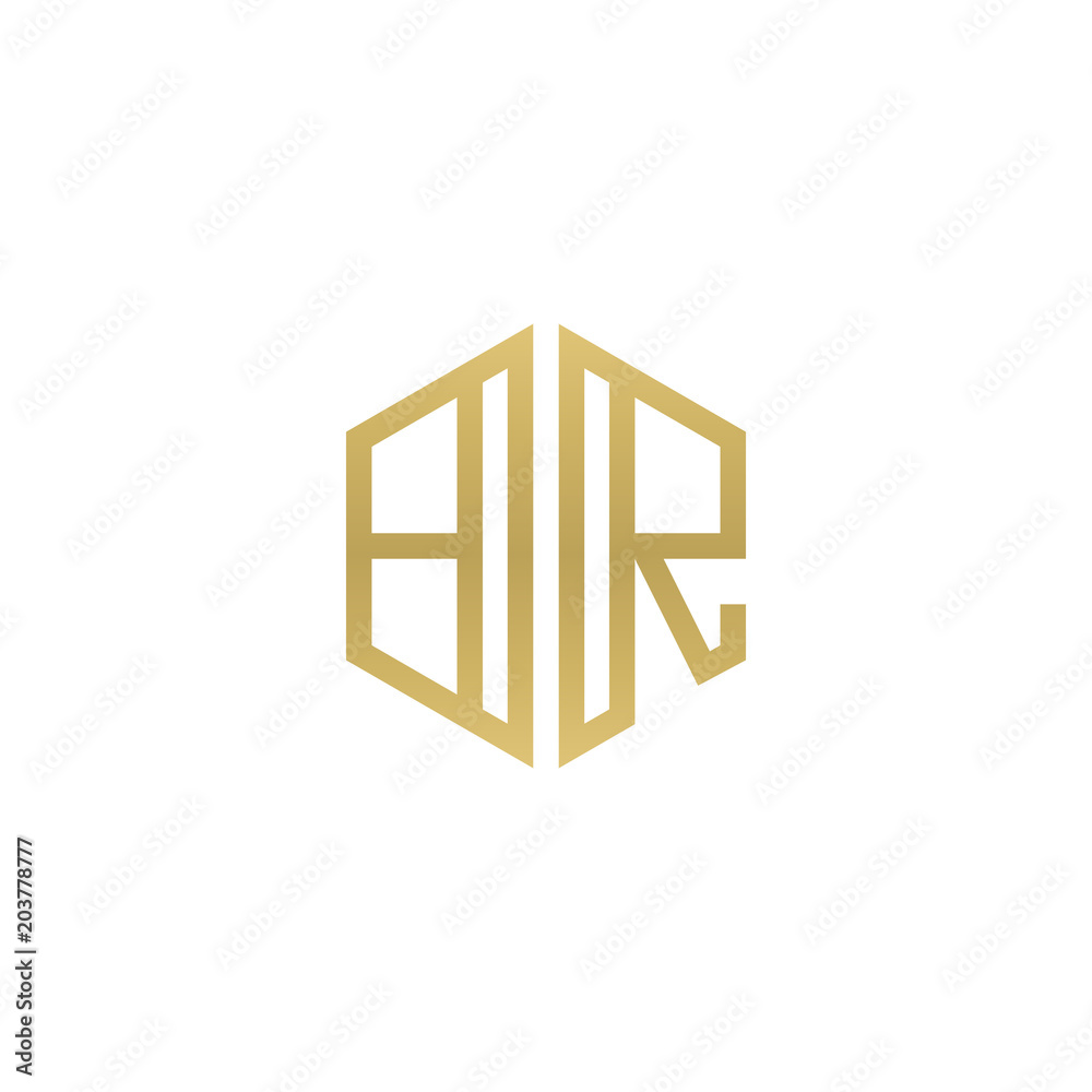 Initial letter BR, minimalist line art hexagon shape logo, gold color