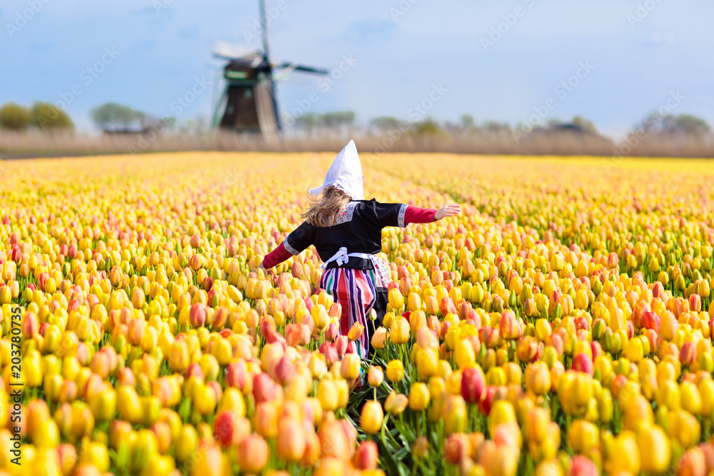 Fototapeta premium Child in tulip flower field. Windmill in Holland.