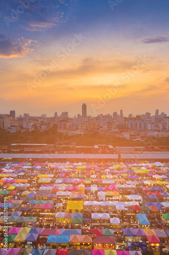 Photography City sunset downtown aerial view over flea market, cityscape background