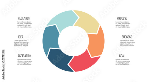 Business infographics. Circle with 6 parts, arrows. Vector template.