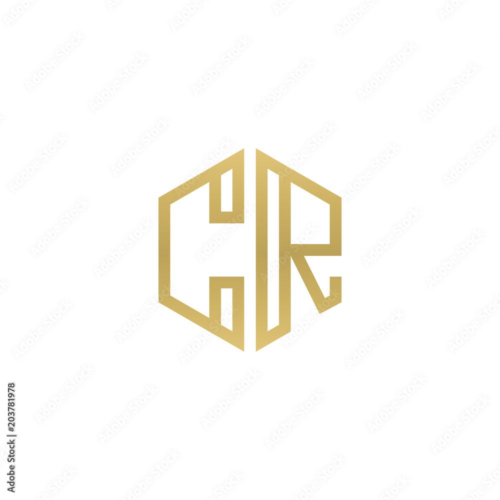 Initial letter CR, minimalist line art hexagon shape logo, gold color