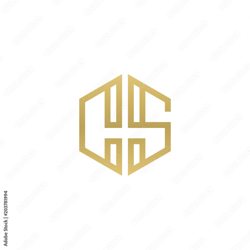 Initial letter CS, minimalist line art hexagon shape logo, gold color Initial letter CS, minimalist line art hexagon shape logo, gold color