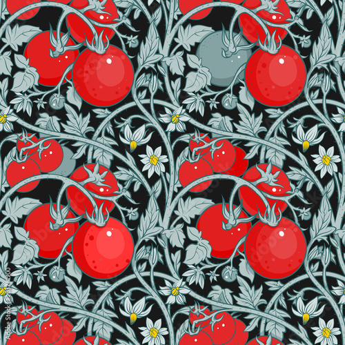 pattern of tomato branch in a garden. Red and black.