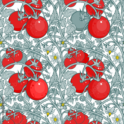 pattern of tomato branch in a garden. Red and white.