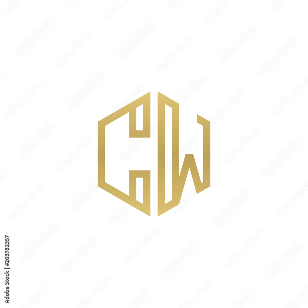 Initial letter CW, minimalist line art hexagon shape logo, gold color Initial letter CW, minimalist line art hexagon shape logo, gold color