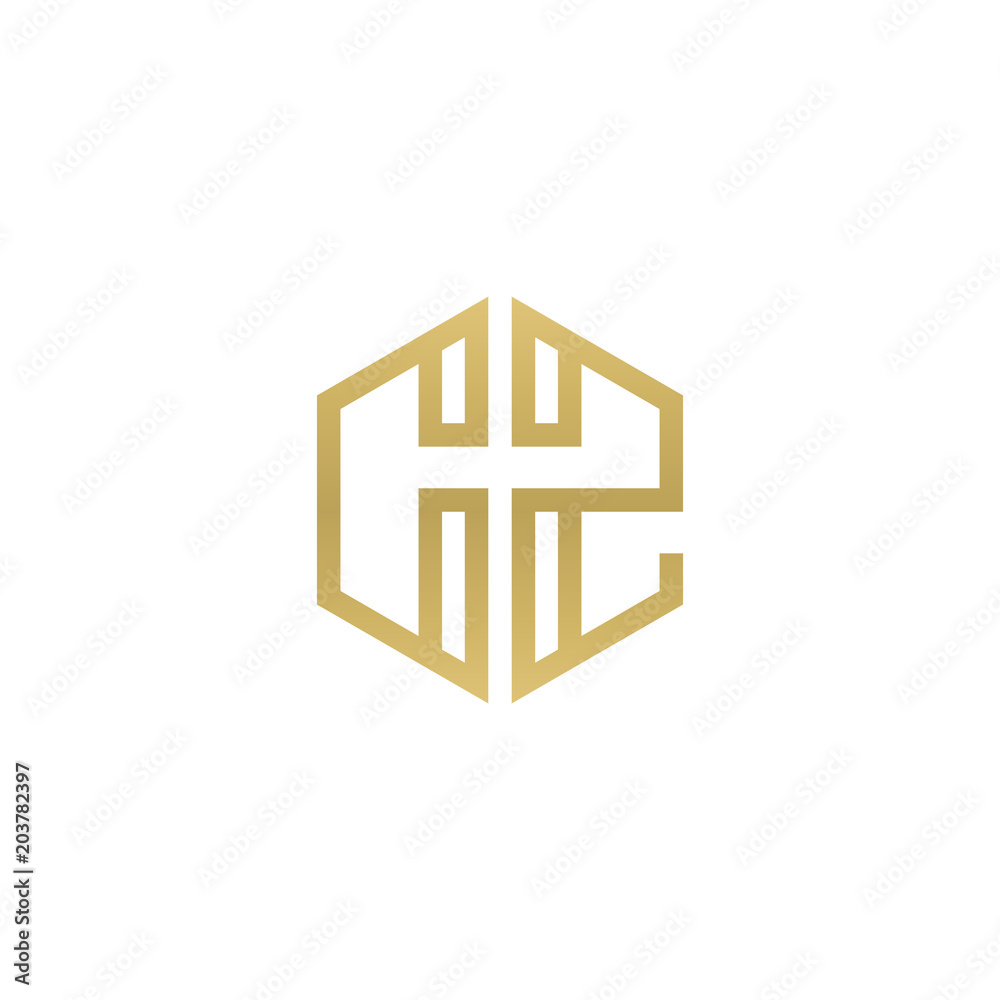 Initial letter CZ, minimalist line art hexagon shape logo, gold color