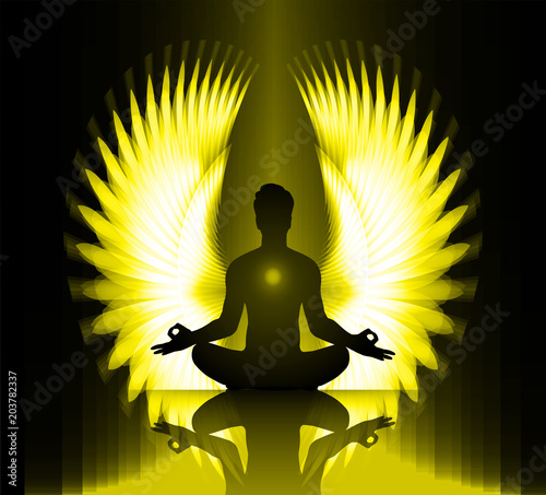 man meditate yellow abstract radius background, yoga. angel wings