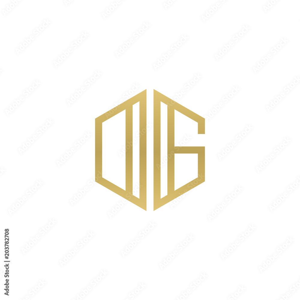 Initial letter DG, OG, minimalist line art hexagon shape logo, gold color Initial letter DG, OG, minimalist line art hexagon shape logo, gold color