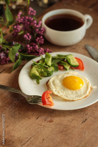 fried eggs (superfood) - healthy food (the food is balanced). Food background