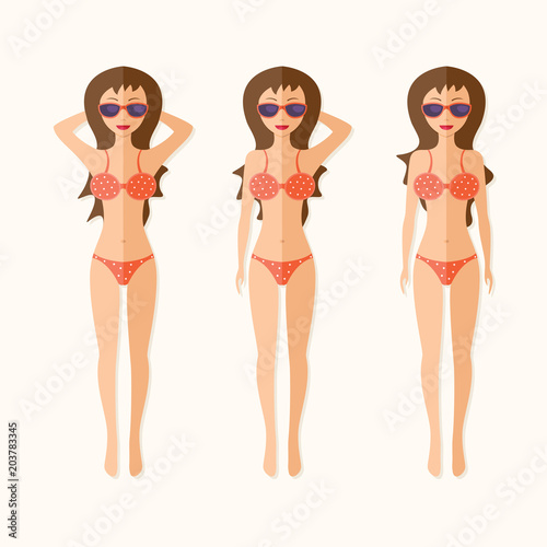 Woman In Bikini On Beach Over, Sexy Girl In swimsuit, Summer Sea, ocean Vacation. Sunbath on hot sand in the tropics. Flat Vector Illustration