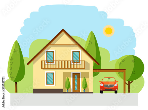 Family home. House facade, car and trees. Vector flat illustration