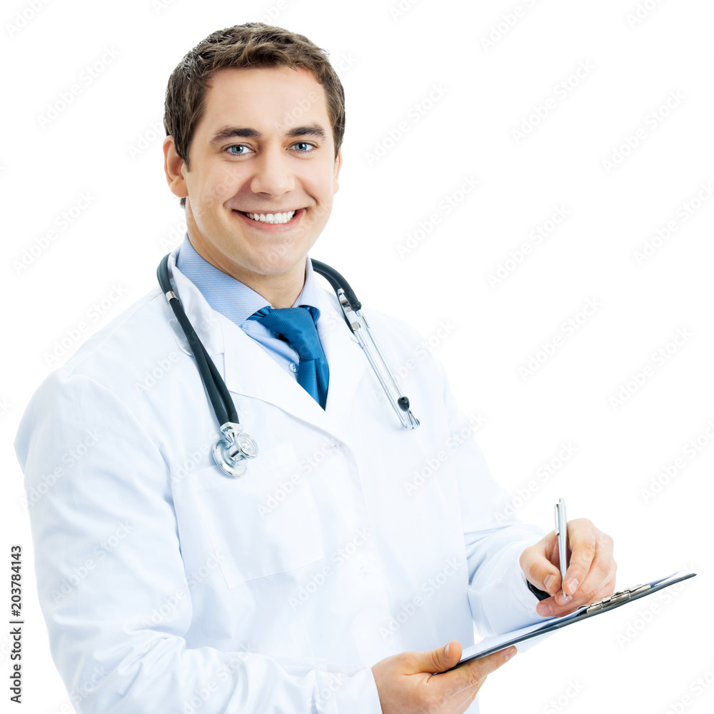 Happy smiling doctor writing on clipboard, isolated
