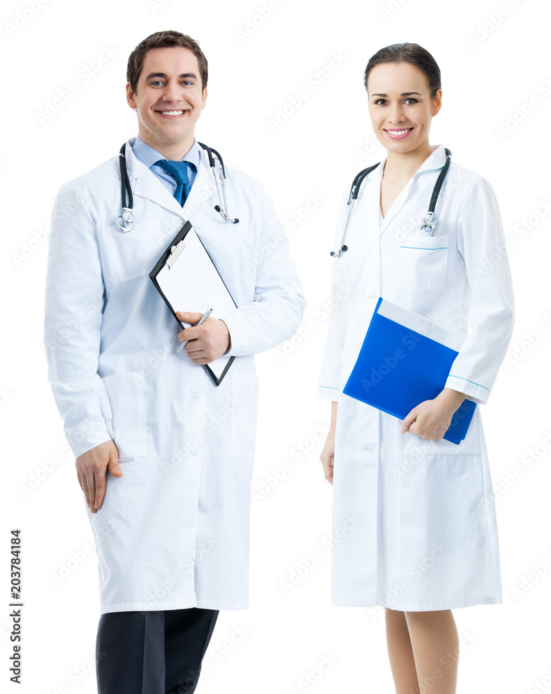 Two happy medical people, on white