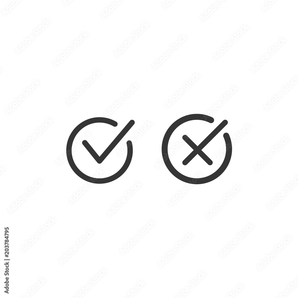 Acceptance and rejection symbol vector buttons for vote, election choice. Circle brush stroke borders. Symbolic OK and X icon isolated on white.Tick and cross signs, checkmarks design. Vector graphic Acceptance and rejection symbol vector buttons for vote, election choice. Circle brush stroke borders. Symbolic OK and X icon isolated on white.Tick and cross signs, checkmarks design. Vector graphic