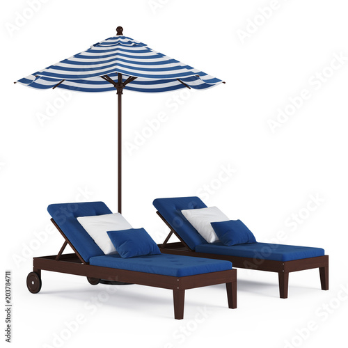 Slika na platnu Chaise lounge with umbrella on white background. 3D rendering.