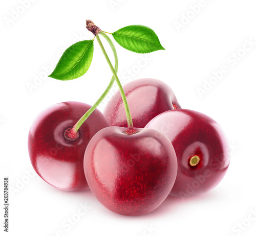 Isolated cherries. Four sweet cherry fruits isolated on white background with clipping path