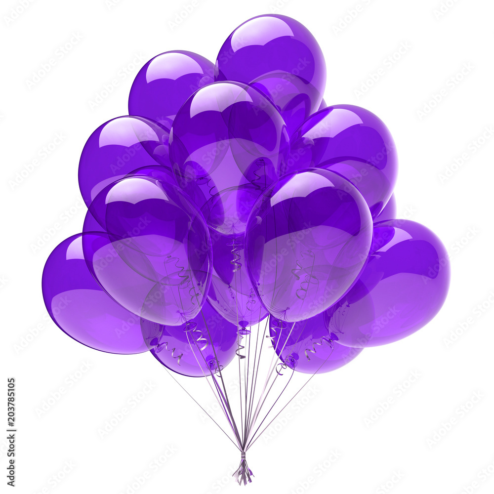 Purple balloon bunch, birthday party decoration blue, glossy helium balloons  violet translucent. Holiday anniversary celebrate invitation greeting card  design element. 3d illustration Stock Illustration