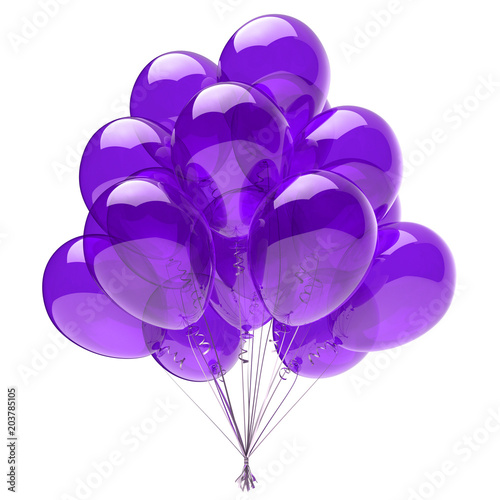 Purple balloon bunch, birthday party decoration blue, glossy helium balloons violet translucent. Holiday anniversary celebrate invitation greeting card design element. 3d illustration