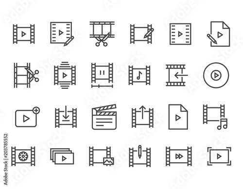 Set of Video Editing Related Vector Line Icons. Contains such Icons as Filters, Frame Rate and more. Editable Stroke. 48x48 Pixel Perfect