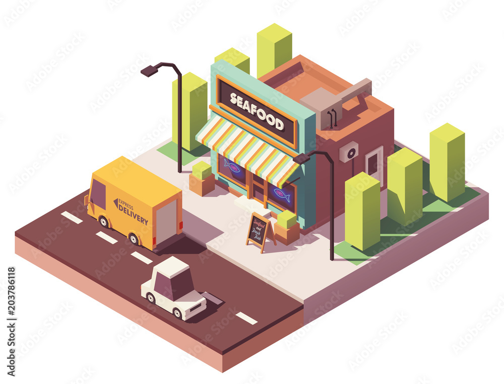 Vector isometric fish and seafood shop Vector isometric fish and seafood shop