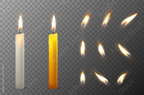 Vector 3d realistic white and orange paraffin or wax burning party candle and different flame of a candle icon set closeup isolated on transparency grid background. Design template, clipart for