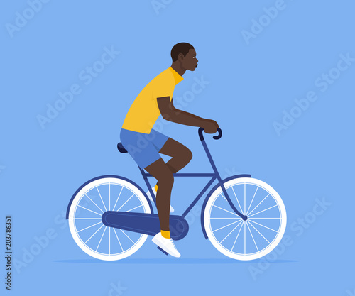 The African guy is riding a bicycle. Rest and vacation. Healthy lifestyle. Vector flat illustration