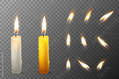 Vector 3d realistic white and orange paraffin or wax burning party candle and different flame of a candle icon set closeup isolated on transparency grid background. Design template, clipart for