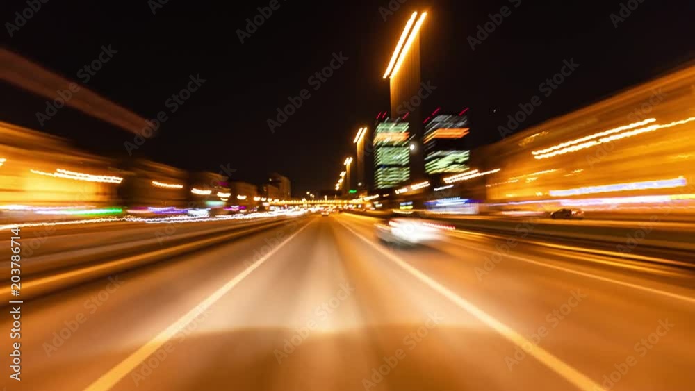 Timelaps of the night city. The traffic on the roads of Moscow at night is a first-person view.