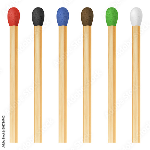 Vector 3d realistic colorful match stick icon set, closeup isolated on white background. Red head, black, blue, brown, green, white. Design template, clipart for graphics