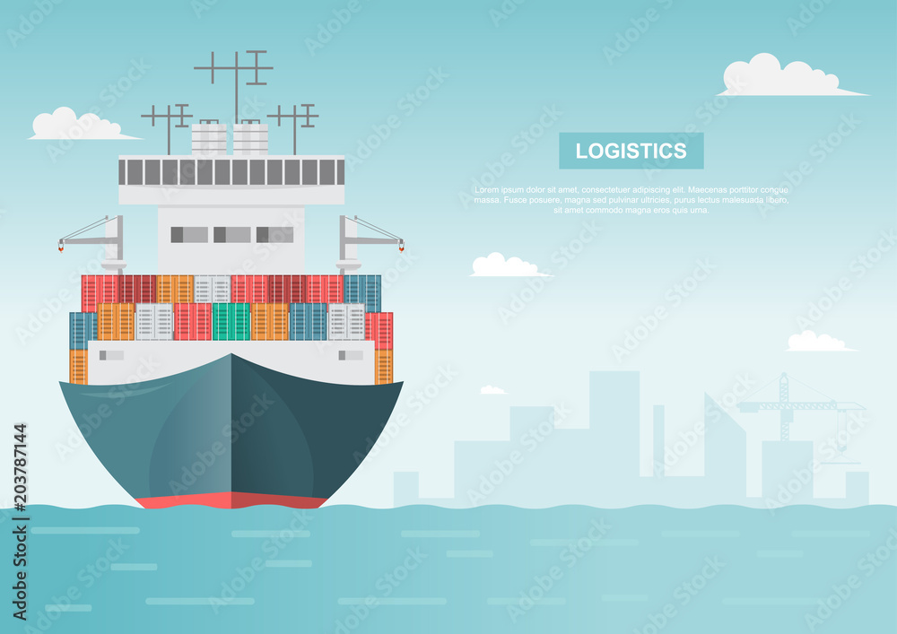 Obraz premium Sea transportation logistic. Sea Freight. Cargo ship, container shipping on flat style