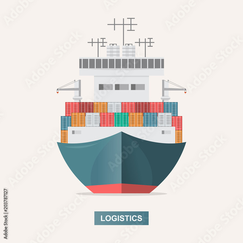 Sea transportation logistic. Sea Freight. Cargo ship, container shipping on flat style