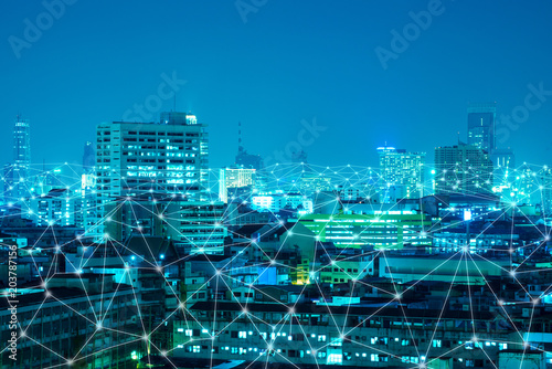 abstract web network and line connection cover modern city